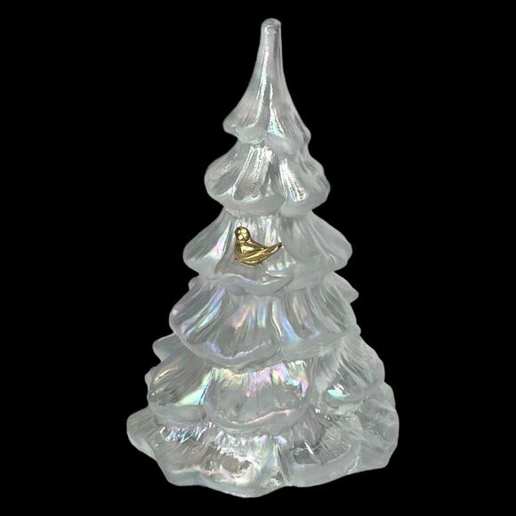 Fenton Glass Christmas Tree Figurine 6.5" Large White Iridescent Gold Bird Vtg - Picture 2 of 8